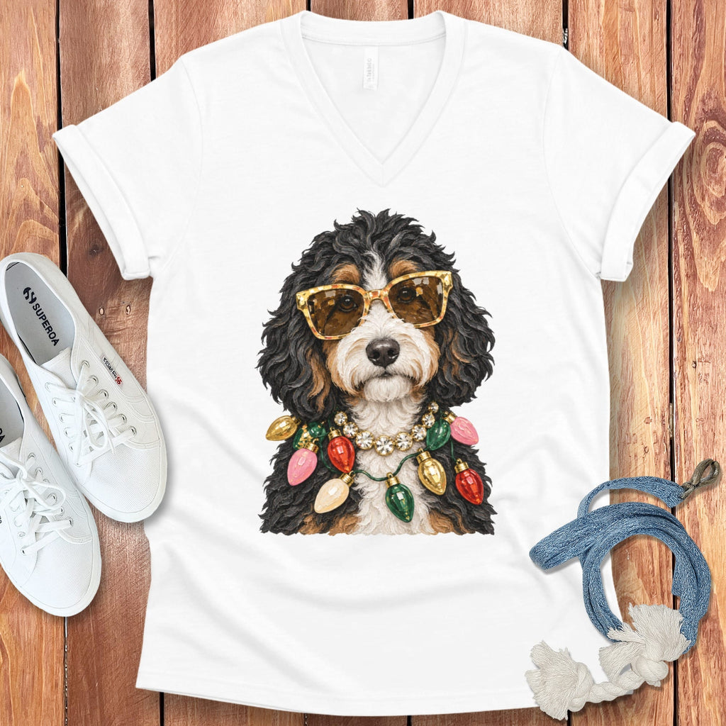Bernedoodle Christmas Glam V-Neck T-Shirt in White / S by Puppy Jo