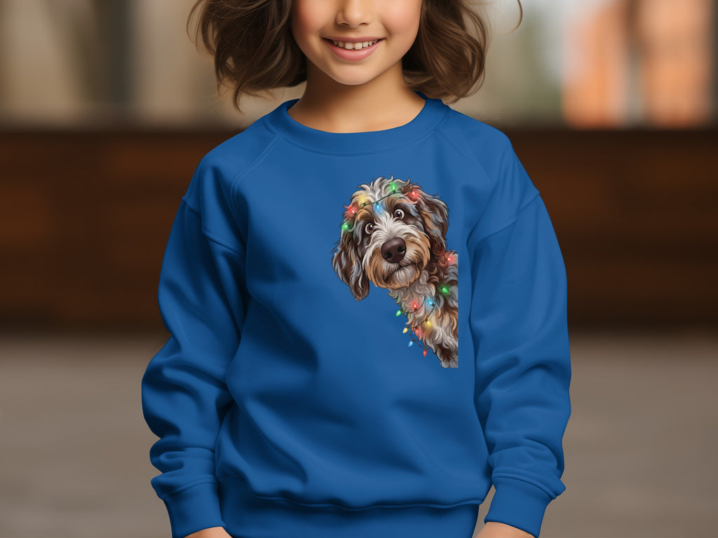 Blue sweatshirt with a brown dog wearing colorful Christmas lights.