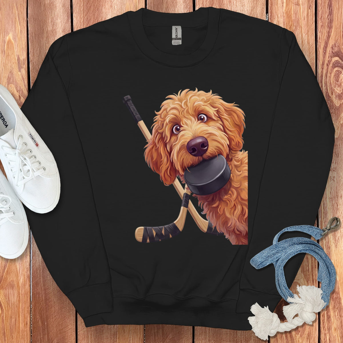 Apricot Goldendoodle Hockey Sweatshirt in Black / S by Puppy Jo