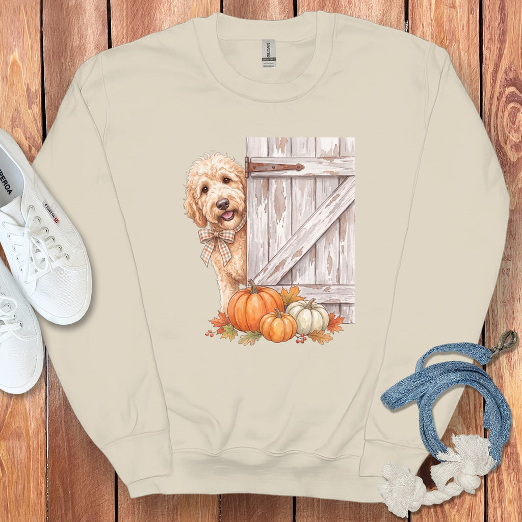 Cream Goldendoodle Barn Peeking Sweatshirt in Sand / S by Puppy Jo