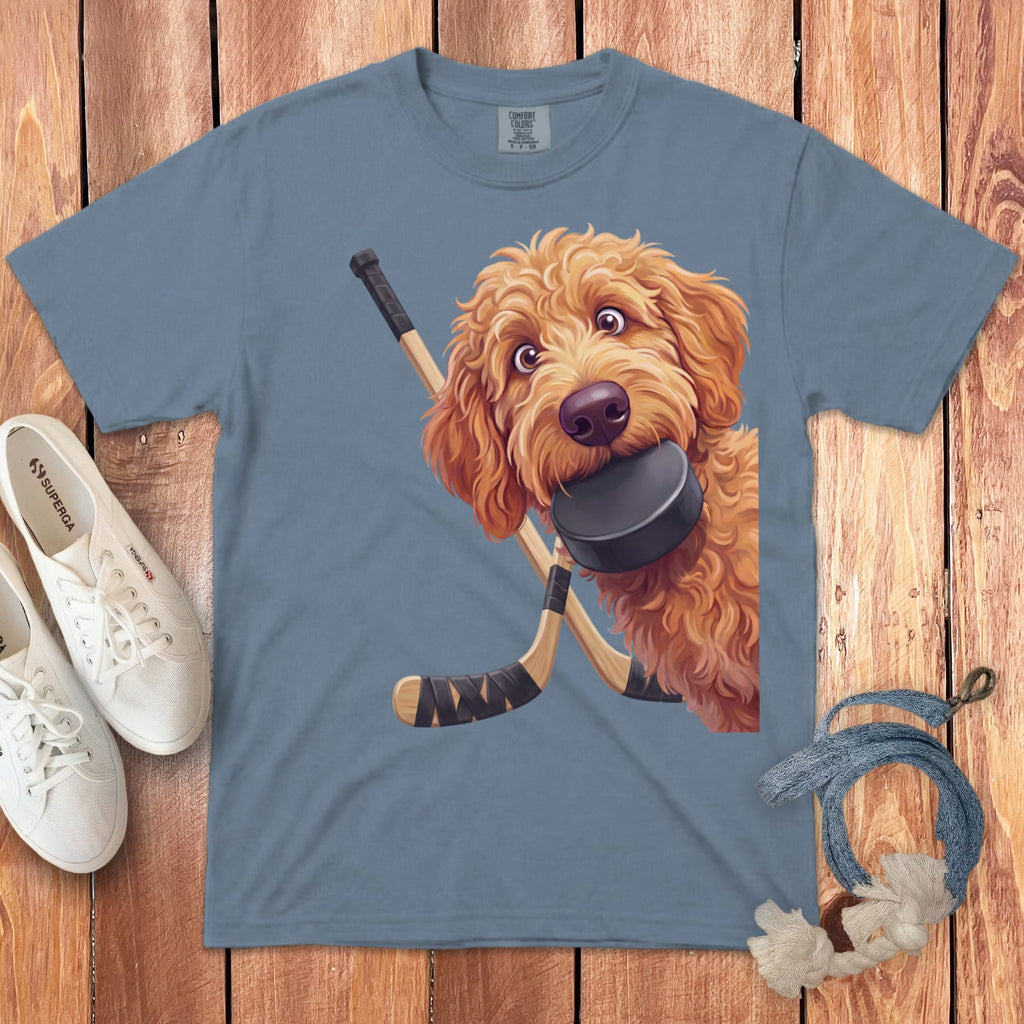 Apricot Goldendoodle Hockey Signature T-Shirt in Blue Jean / S by Puppy Jo