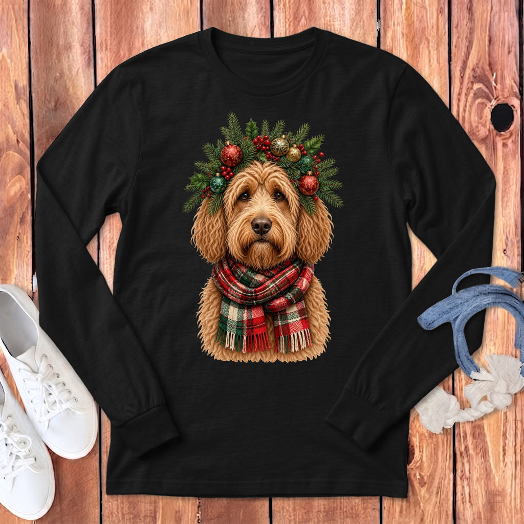 Apricot Goldendoodle Holiday Crown Long Sleeve T-Shirt in Dark Grey Heather / S by MyDesigns