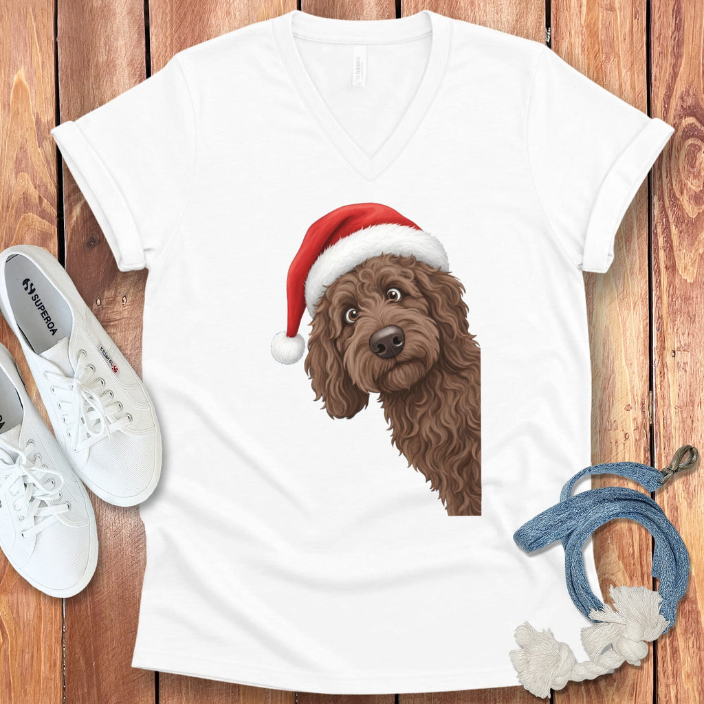 Chocolate Goldendoodle Holiday Santa V-Neck T-Shirt in White / S by Puppy Jo