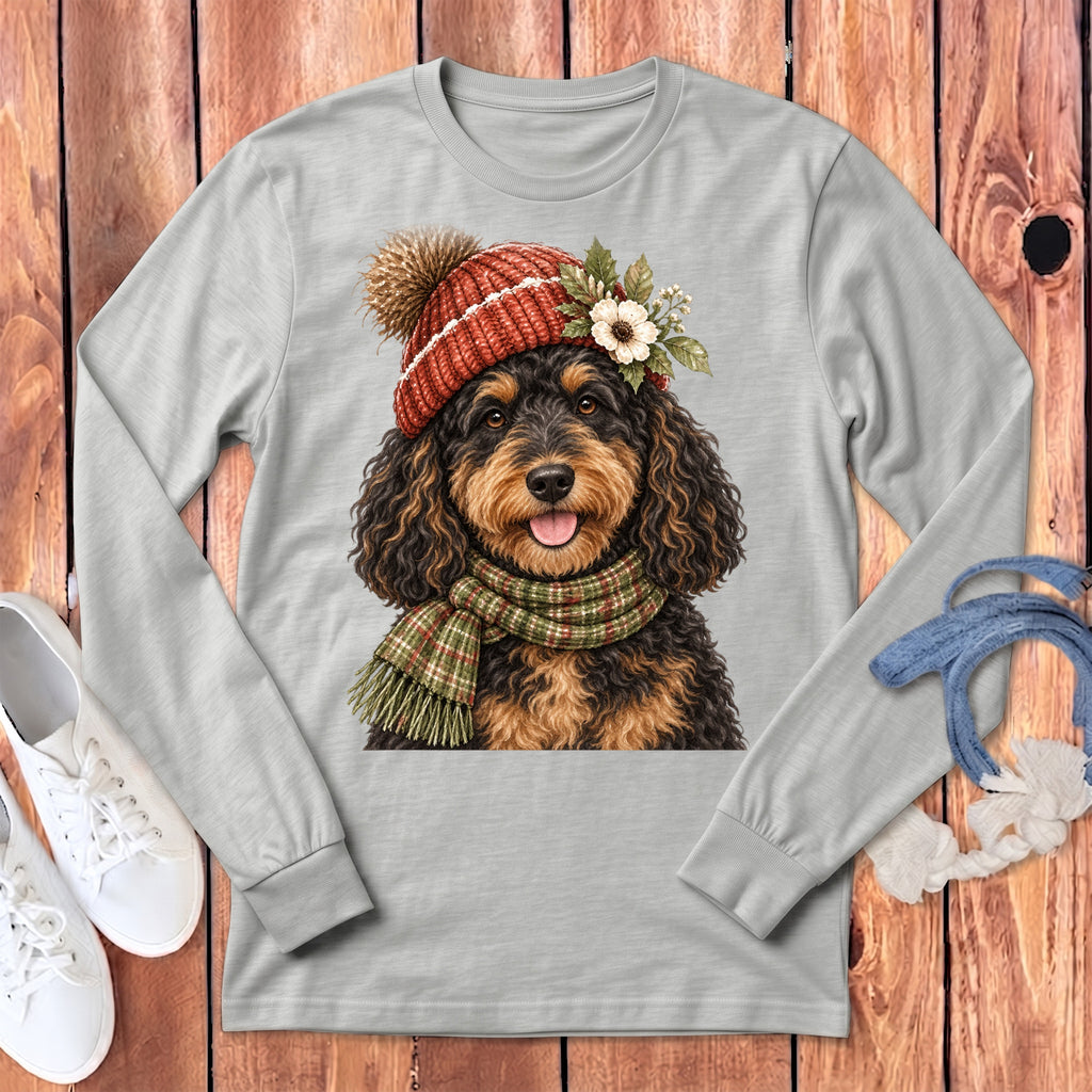Light grey long-sleeve shirt with a doodle dog wearing a winter hat and scarf.
