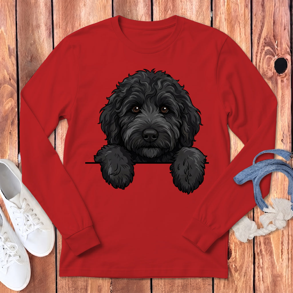 Red long sleeve shirt with a black doodle dog illustration.