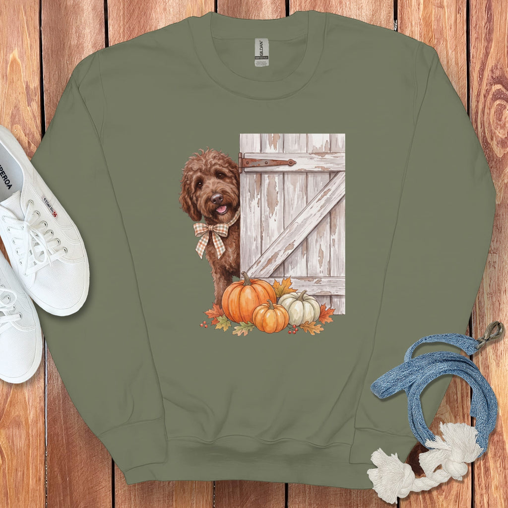 Chocolate Goldendoodle Barn Peeking Sweatshirt in Military Green / S by Puppy Jo