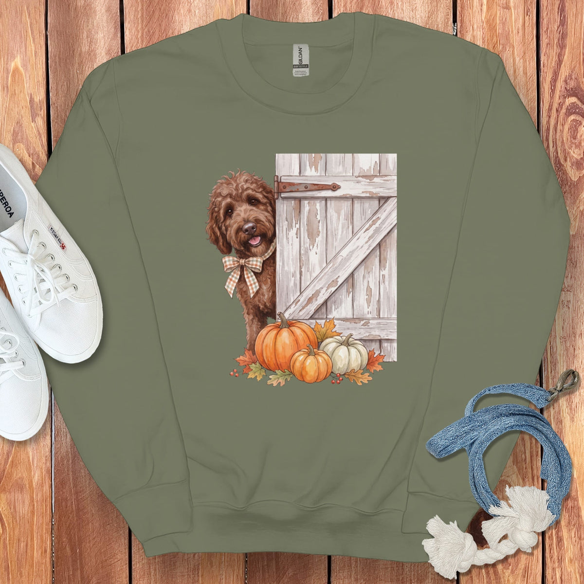 Chocolate Goldendoodle Barn Peeking Sweatshirt in Military Green / S by Puppy Jo