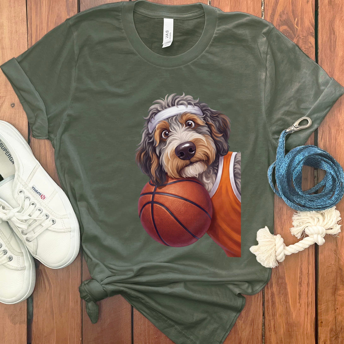Aussiedoodle Basketball Player T-Shirt in Military Green / S by Puppy Jo