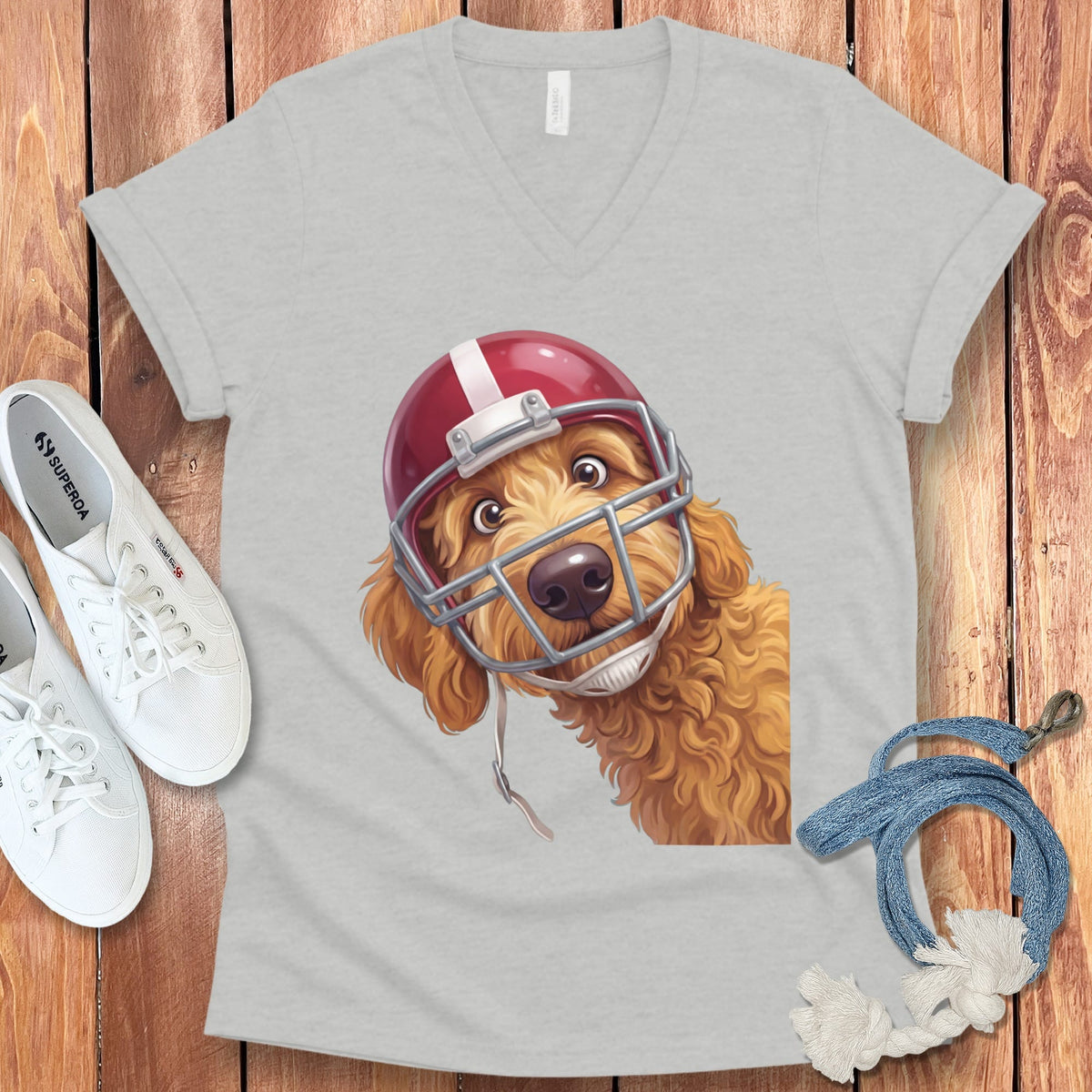 Apricot Goldendoodle Football Helmet V-Neck T-Shirt in Athletic Heather / S by Puppy Jo