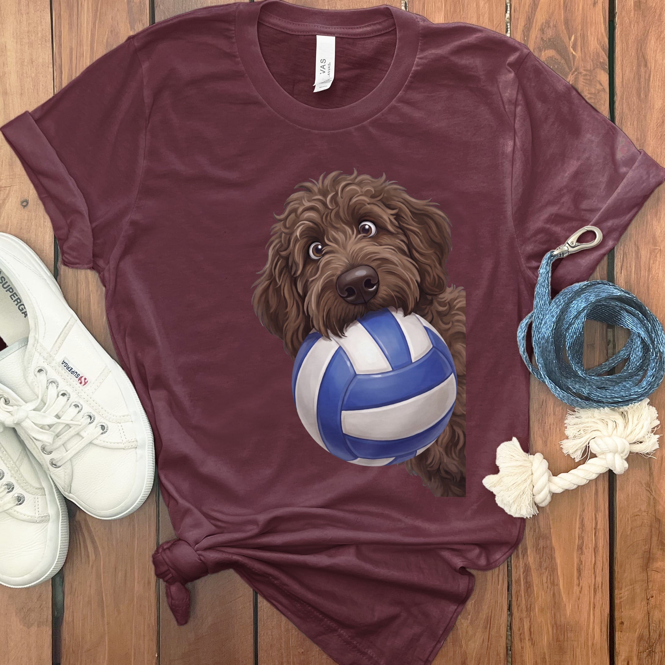 Chocolate Goldendoodle Volleyball T-Shirt in Maroon / S by Puppy Jo