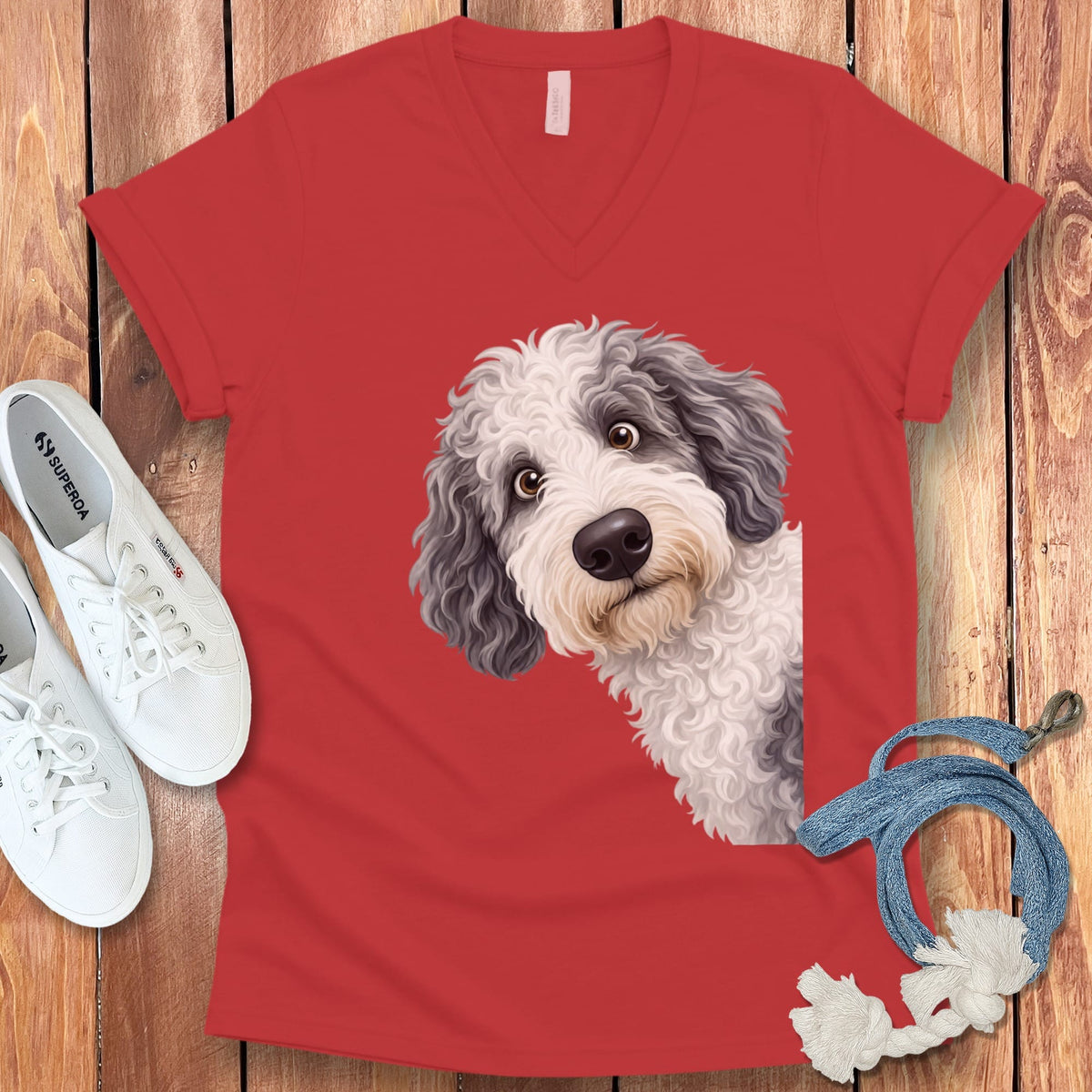 Funny Peeking Sheepadoodle V-Neck T-Shirt in Red / S by Puppy Jo