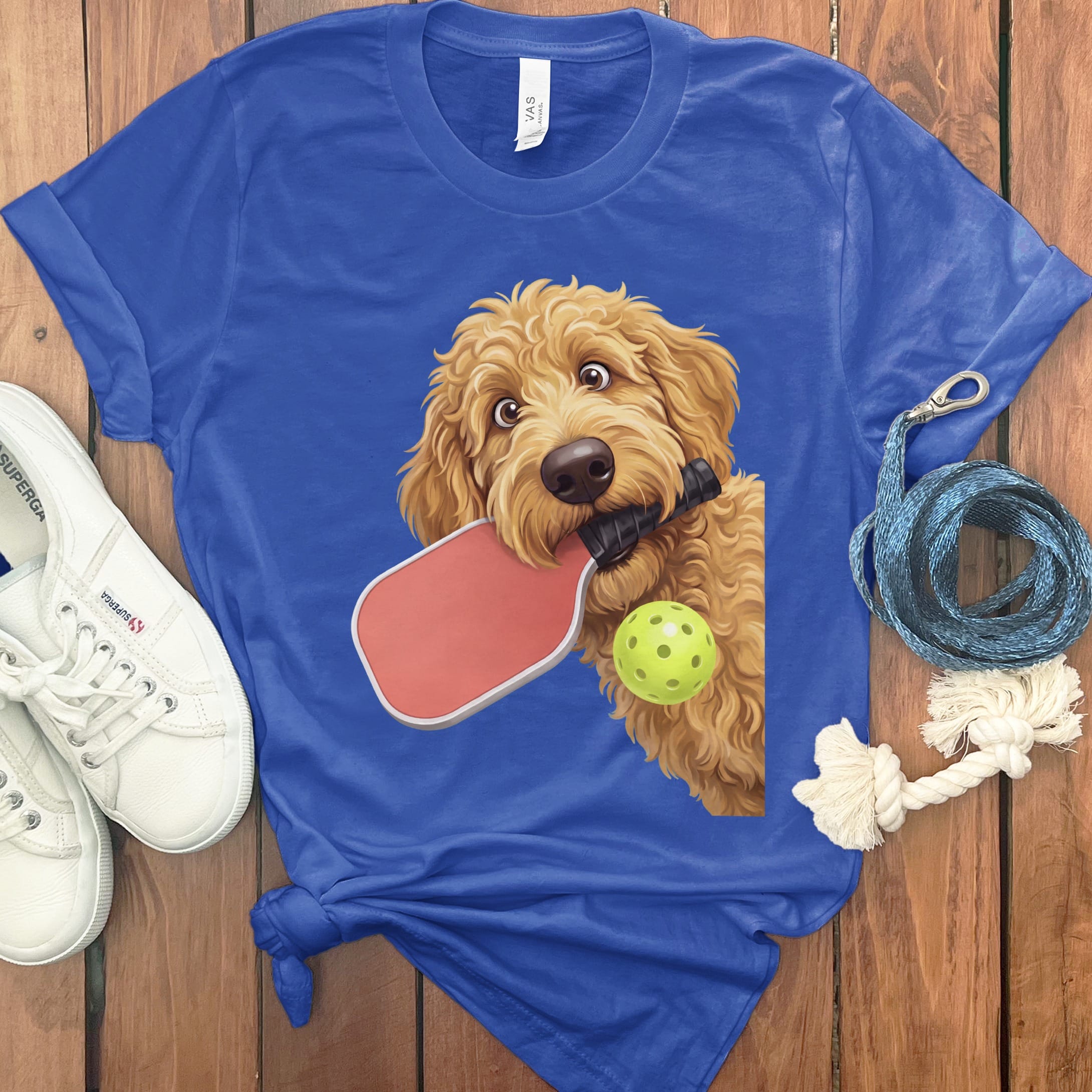 Golden Goldendoodle Pickleball T-Shirt in True Royal / S by Puppy Jo