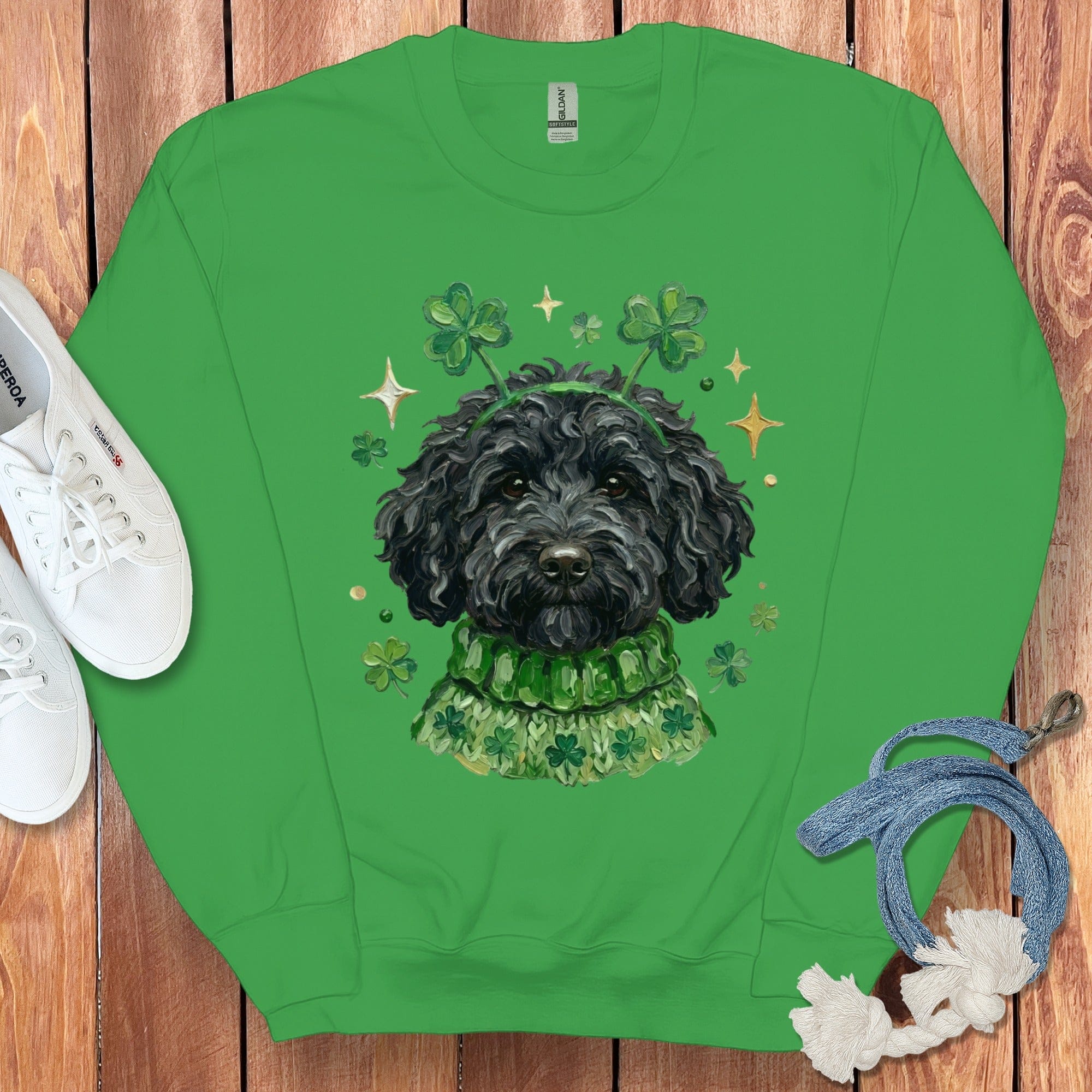 Green Crewneck Sweatshirt with Dog and Shamrock Design