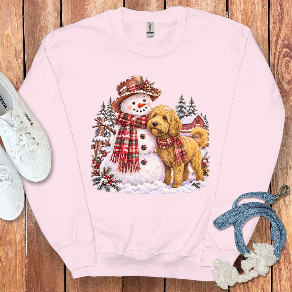 Golden Goldendoodle Christmas Snowman Sweatshirt in Light Pink / S by Puppy Jo