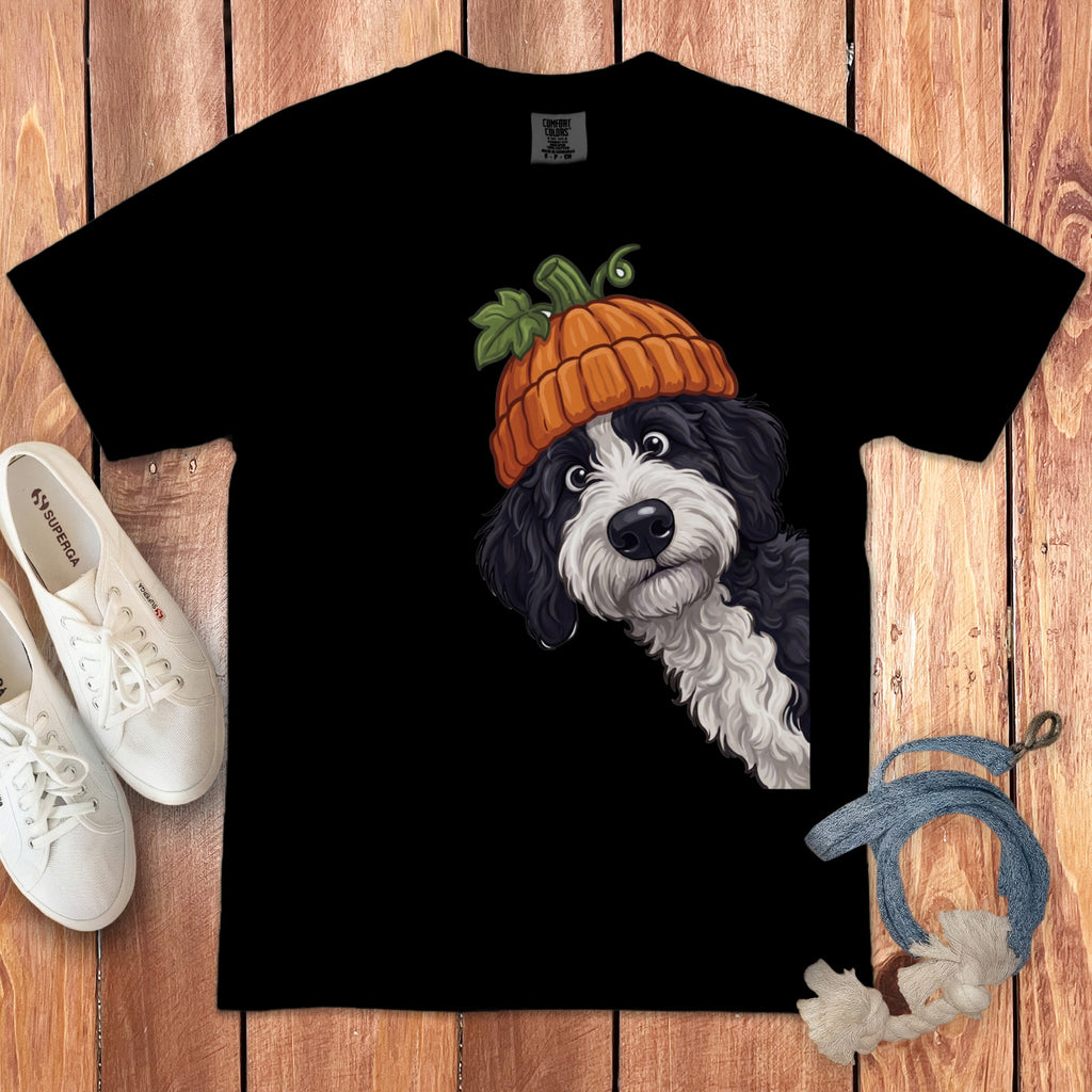 Black t-shirt with a doodle of a dog wearing a pumpkin hat.