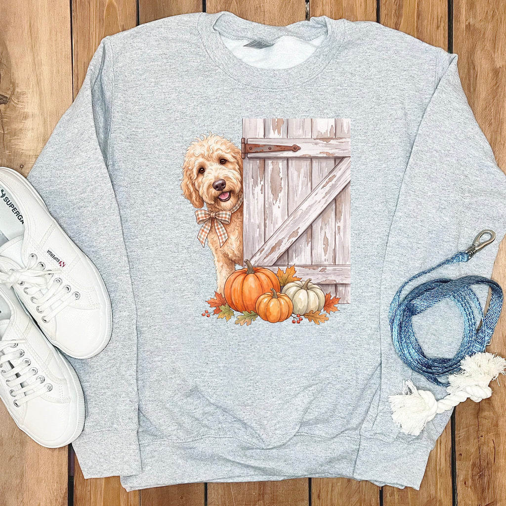 Cream Goldendoodle Barn Peeking Sweatshirt in Sport Grey / S by Puppy Jo