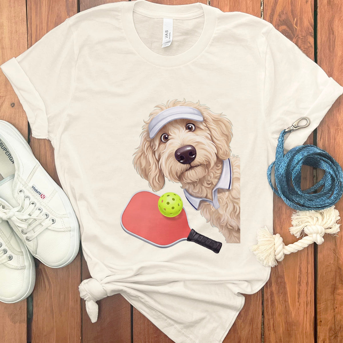 Cream Goldendoodle Pickleball Player T-Shirt in Natural / S by Puppy Jo