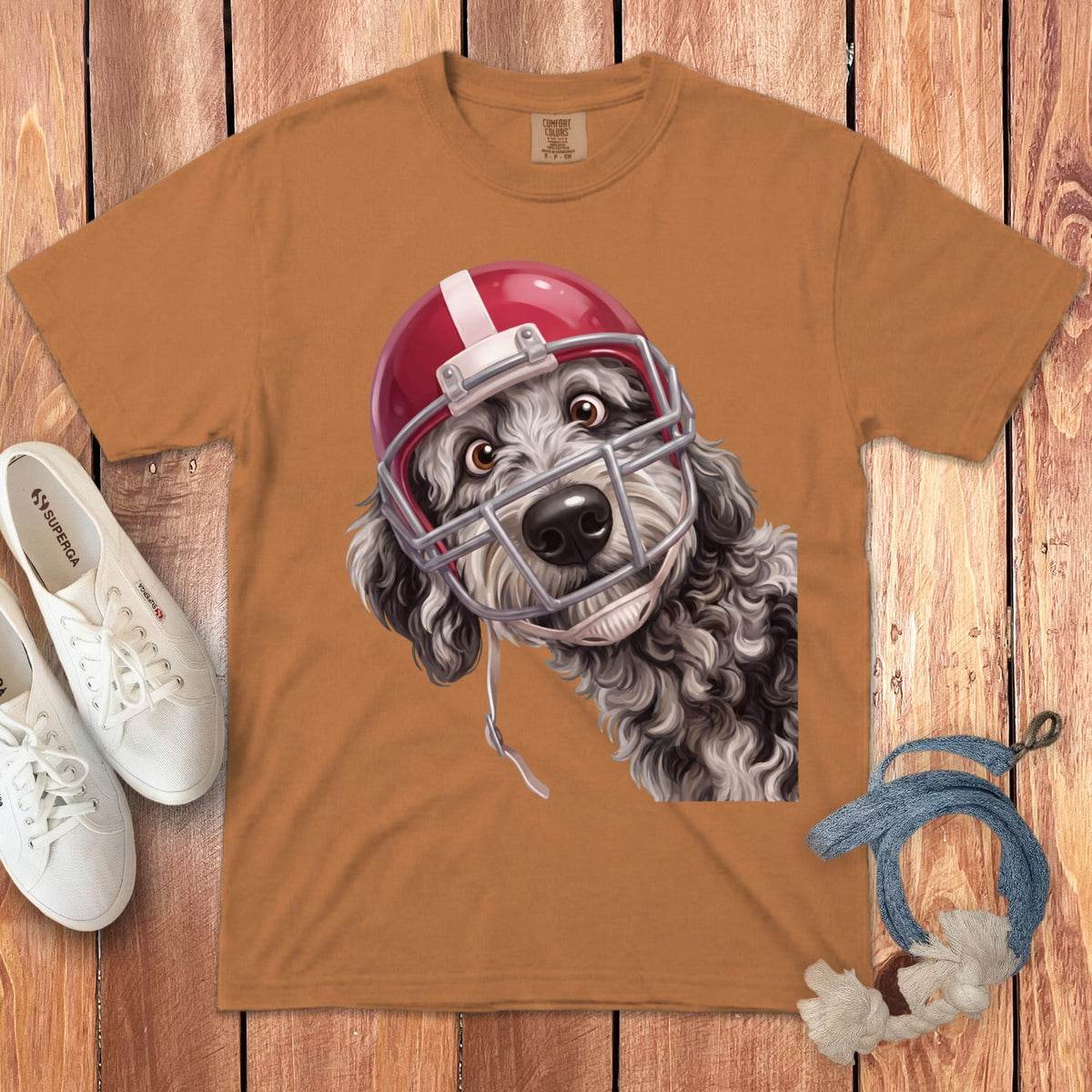 Merle Goldendoodle Football Helmet Signature T-Shirt in Yam / S by Puppy Jo