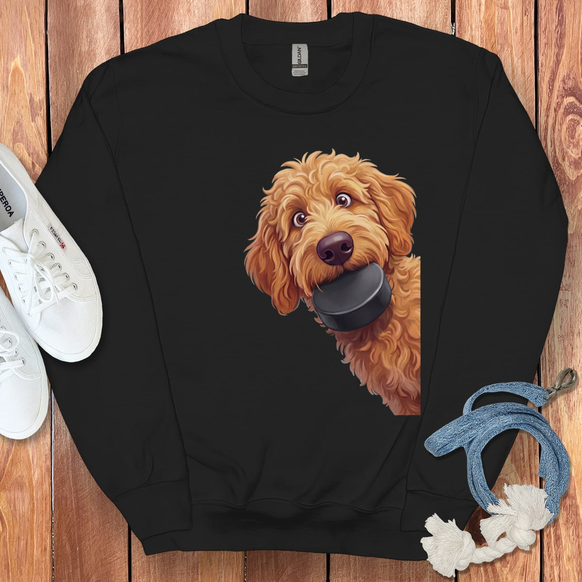 Apricot Goldendoodle Hockey Puck Sweatshirt in Black / S by Puppy Jo