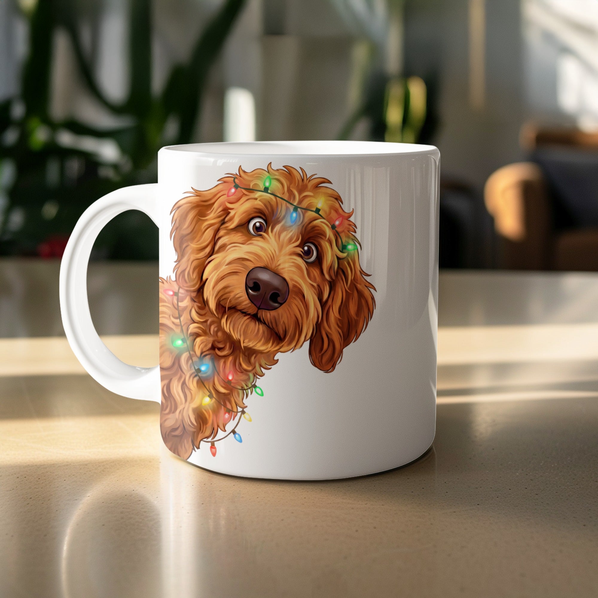 White mug with illustration of fluffy dog wearing colorful Christmas lights.