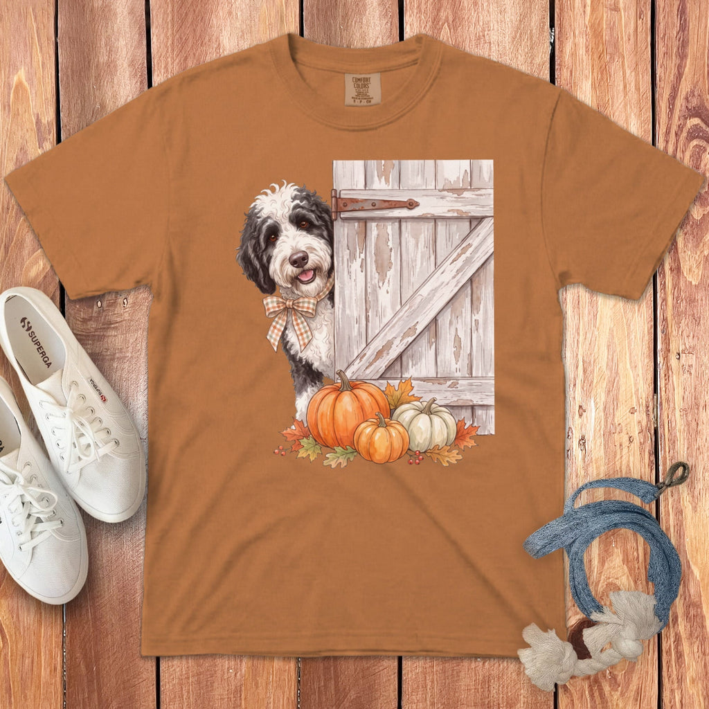 Brown t-shirt with a Bernedoodle peeking from behind a rustic barn door with pumpkins.
