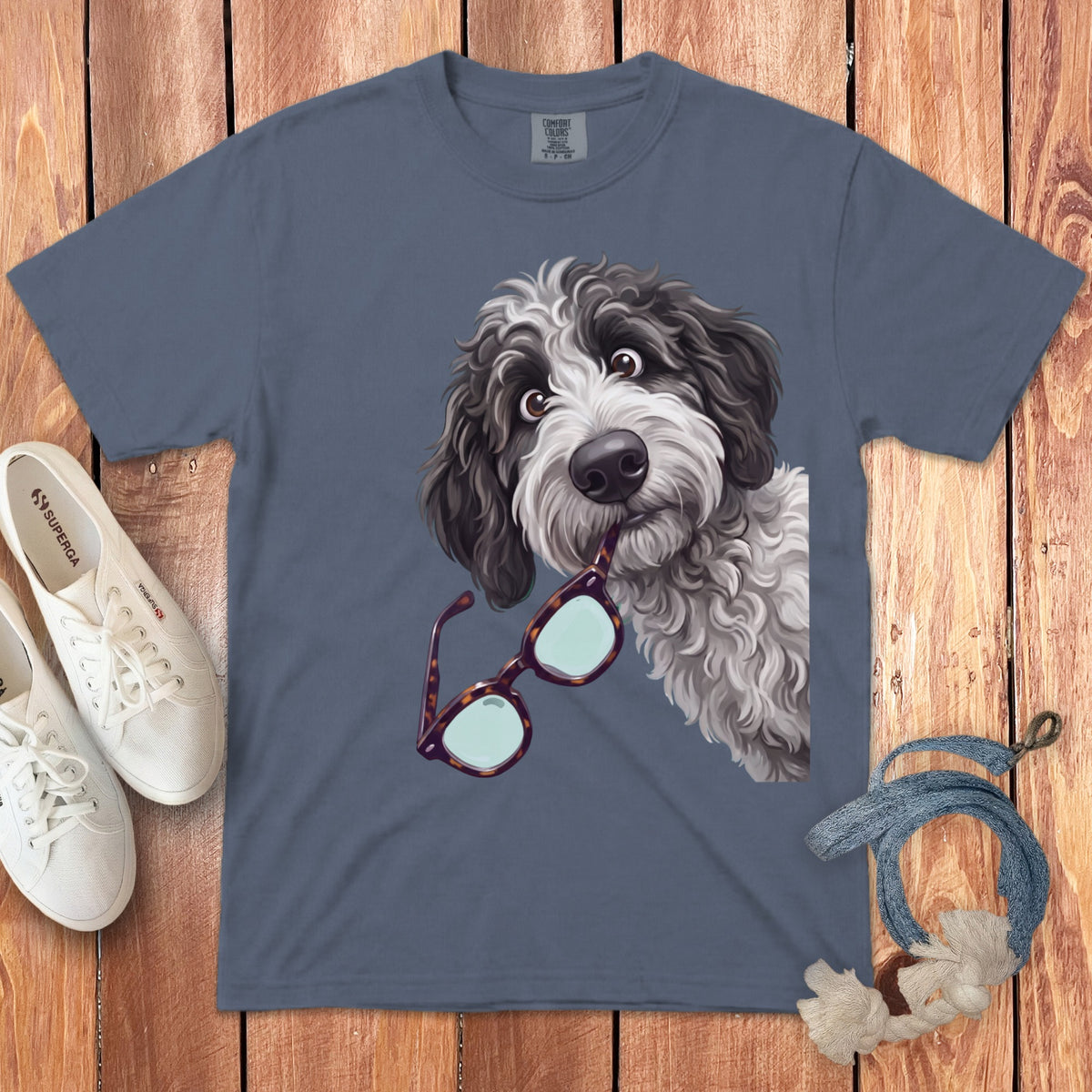 A grey t-shirt featuring a cartoon doodle dog holding tortoiseshell glasses, laid on a wooden background with white shoes and a lanyard.