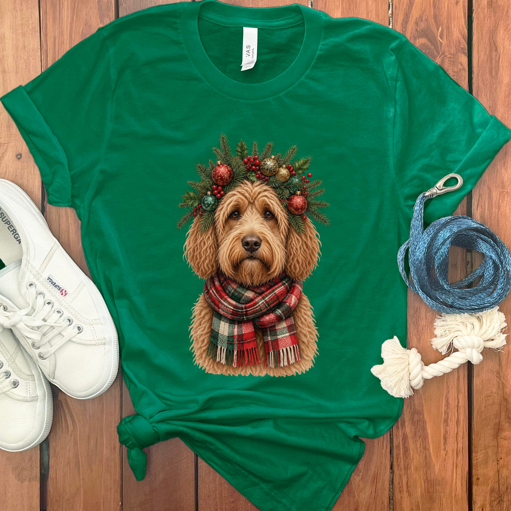 Apricot Goldendoodle Holiday Crown T-Shirt in Kelly / S by Puppy Jo