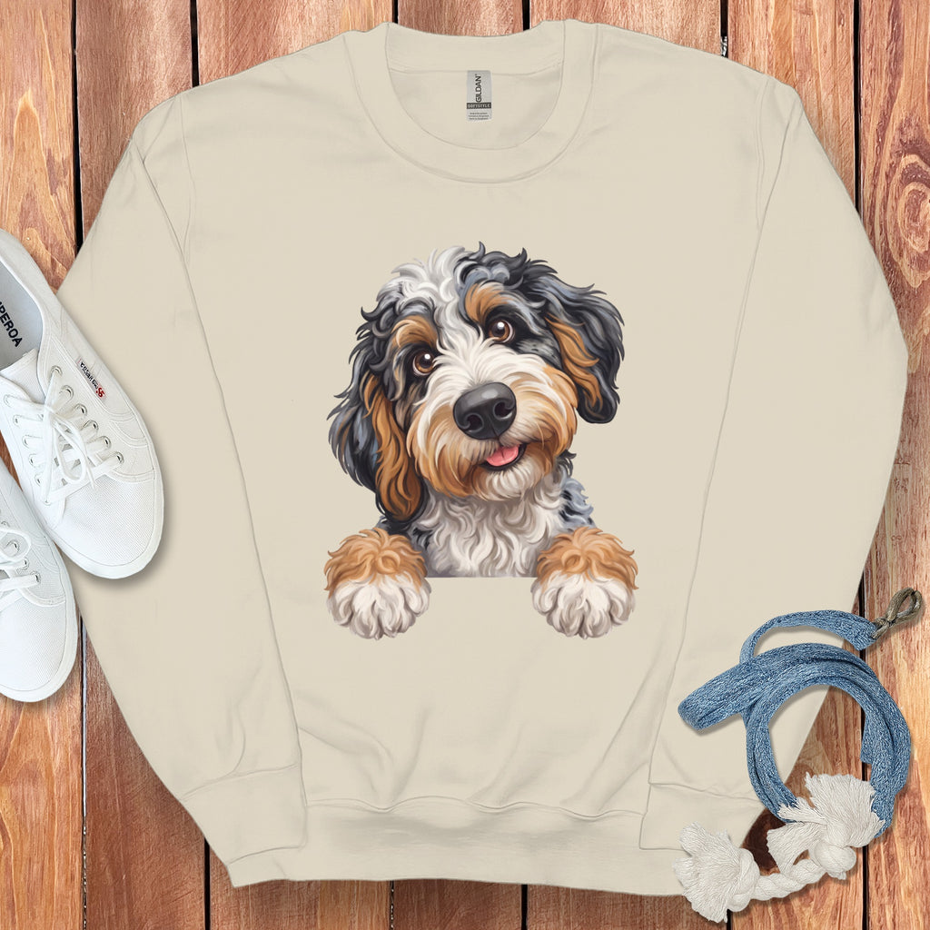 Cream sweatshirt with a fluffy tri-color dog illustration.
