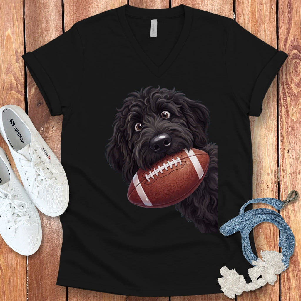 Black Goldendoodle Football V-Neck T-Shirt in Black / S by Puppy Jo