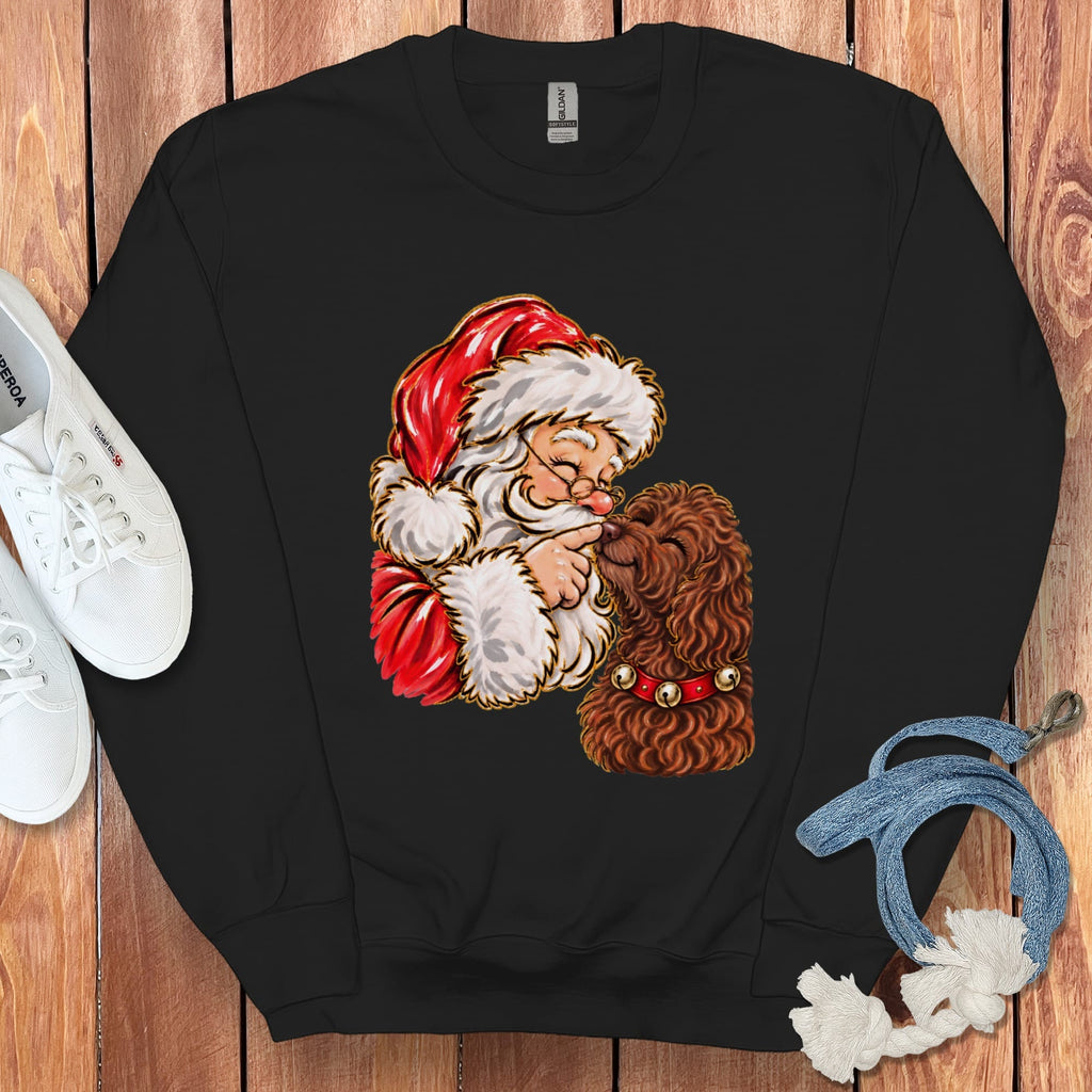 Chocolate Goldendoodle Santa Kiss Sweatshirt in Black / S by Puppy Jo