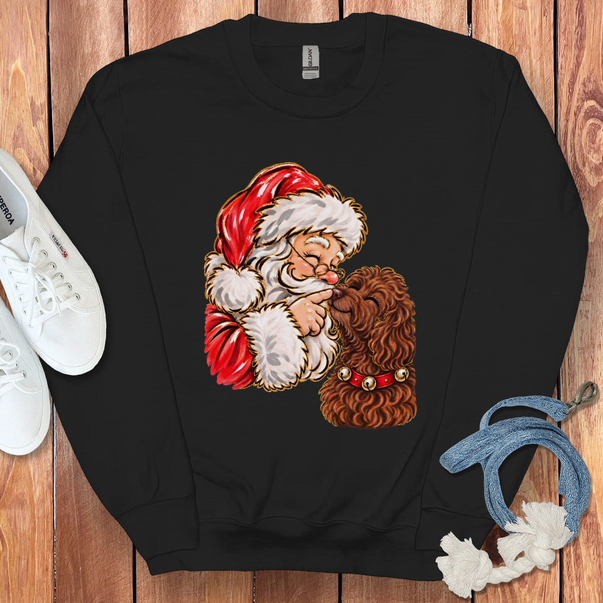 Chocolate Goldendoodle Santa Kiss Sweatshirt in Black / S by Puppy Jo