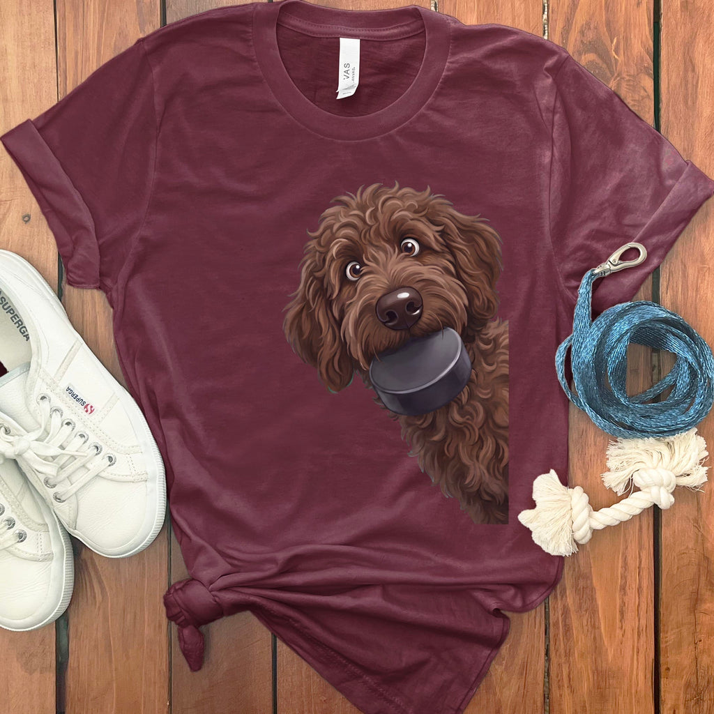 Chocolate Goldendoodle Hockey Puck T-Shirt in Maroon / S by Puppy Jo