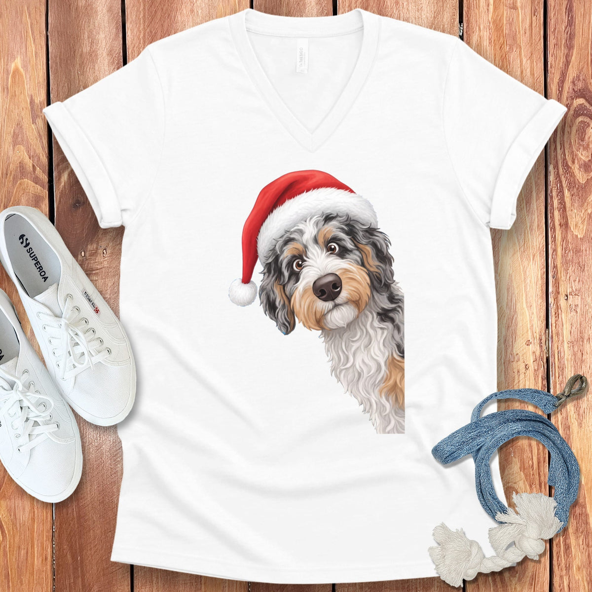 Phantom Goldendoodle Holiday Santa V-Neck T-Shirt in White / S by Puppy Jo