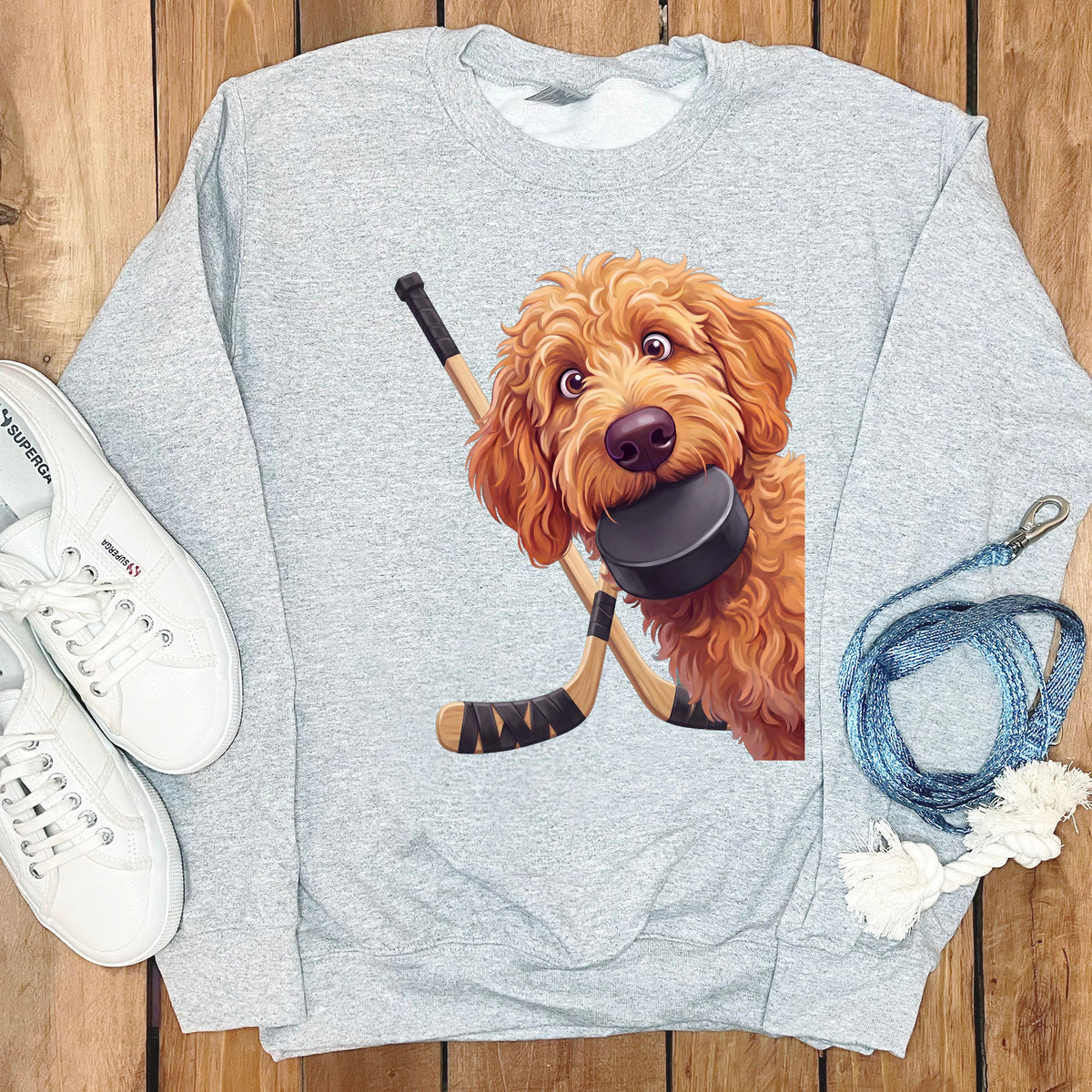 Apricot Goldendoodle Hockey Sweatshirt in Sport Grey / S by Puppy Jo