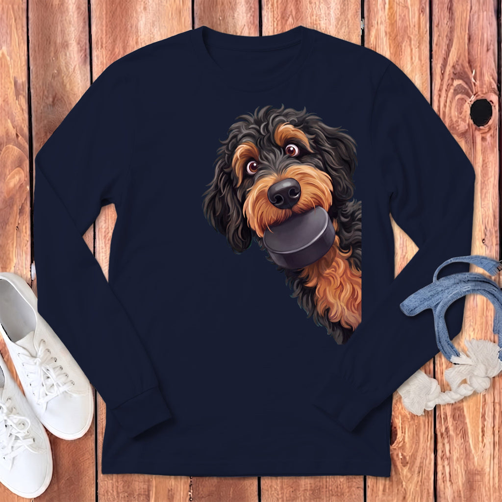 Phantom Goldendoodle Hockey Puck Long Sleeve T-Shirt in Navy / S by Puppy Jo