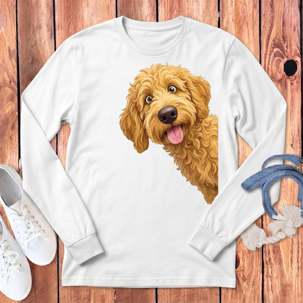 A white long-sleeved t-shirt features a colorful graphic of a fluffy goldendoodle on the front.