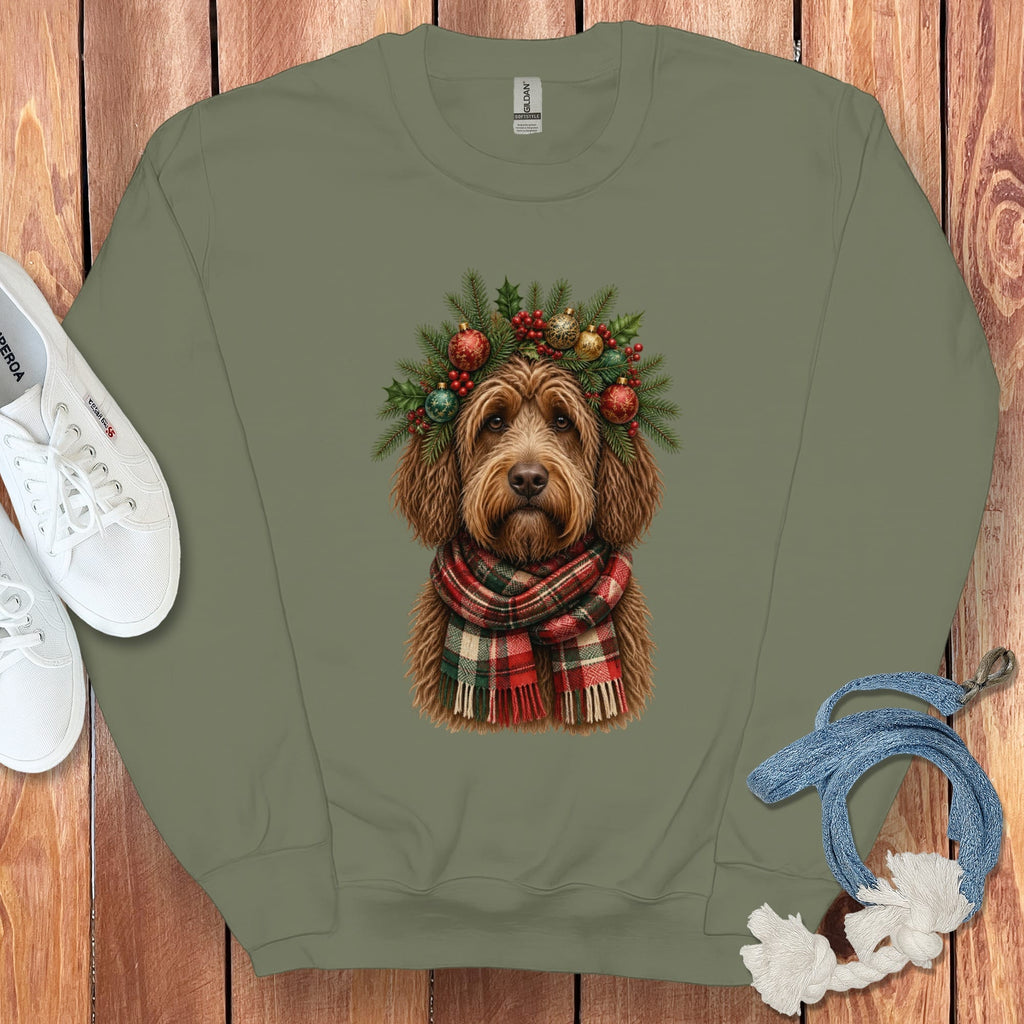 Chocolate Goldendoodle Holiday Crown Sweatshirt in Military Green / S by Puppy Jo