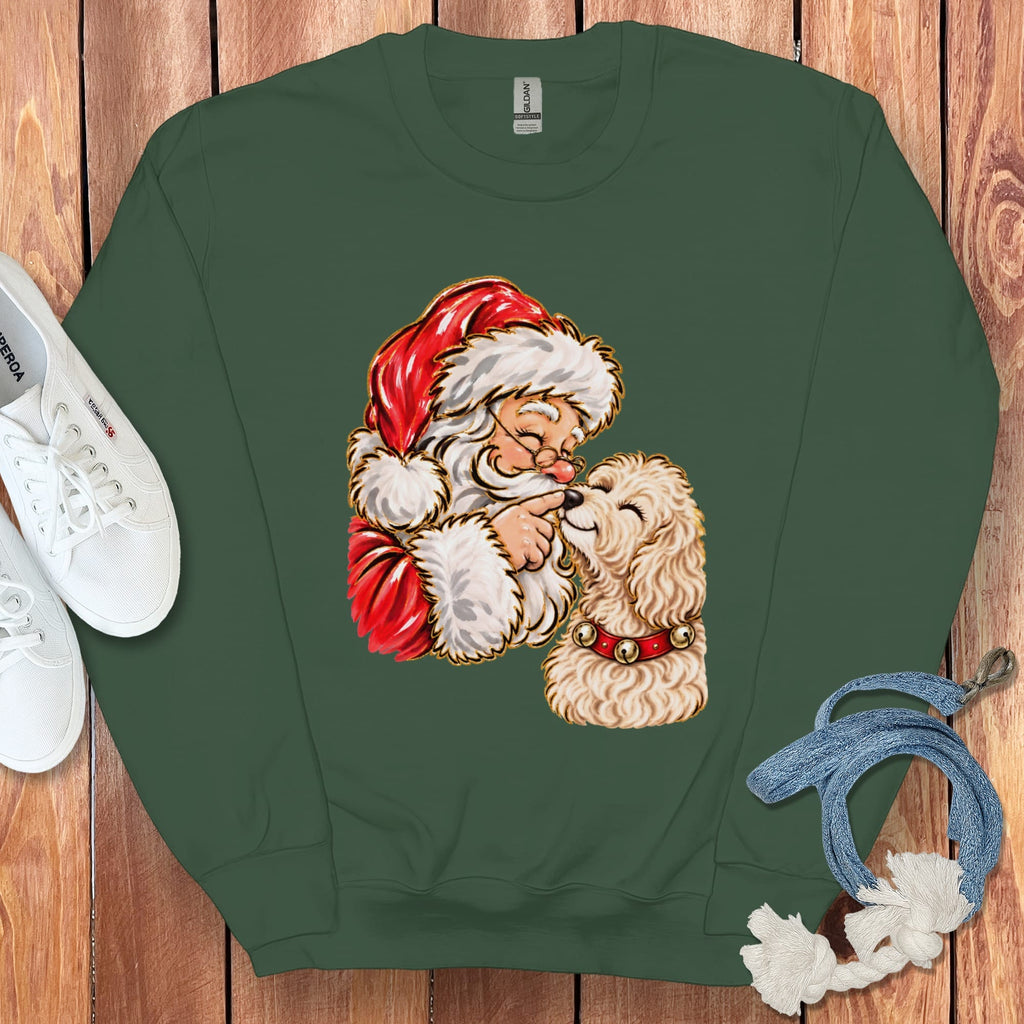 Cream Goldendoodle Santa Kiss Sweatshirt in Forest Green / S by Puppy Jo