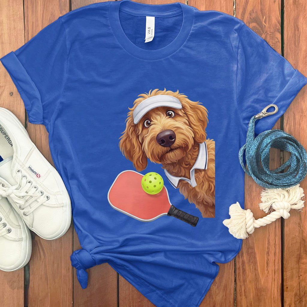Apricot Goldendoodle Pickleball Player T-Shirt in True Royal / S by Puppy Jo
