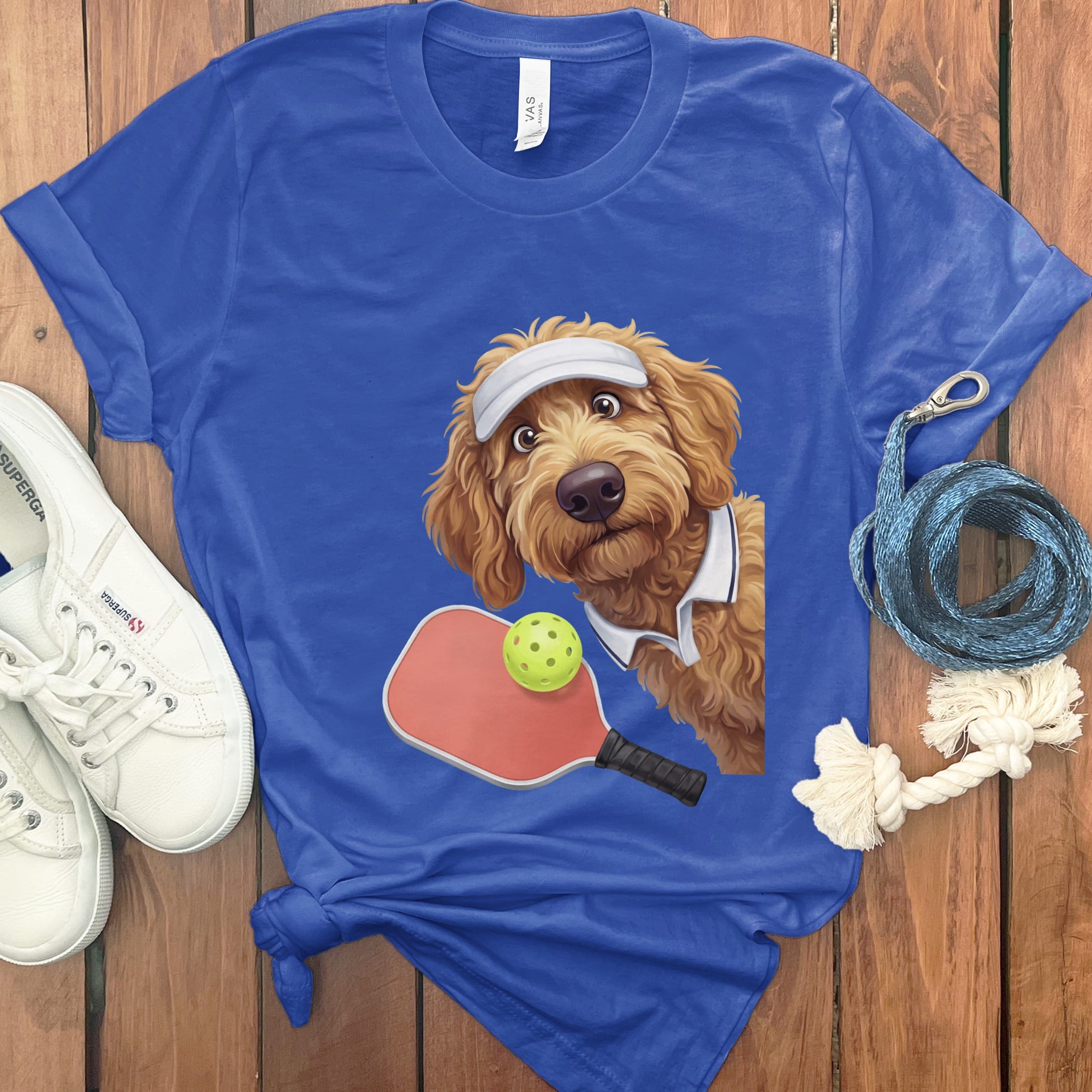 Apricot Goldendoodle Pickleball Player T-Shirt in True Royal / S by Puppy Jo