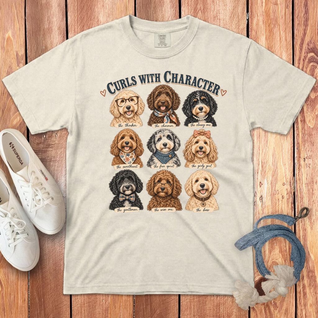 Cream t-shirt with "Curls With Character" text and nine dog illustrations.