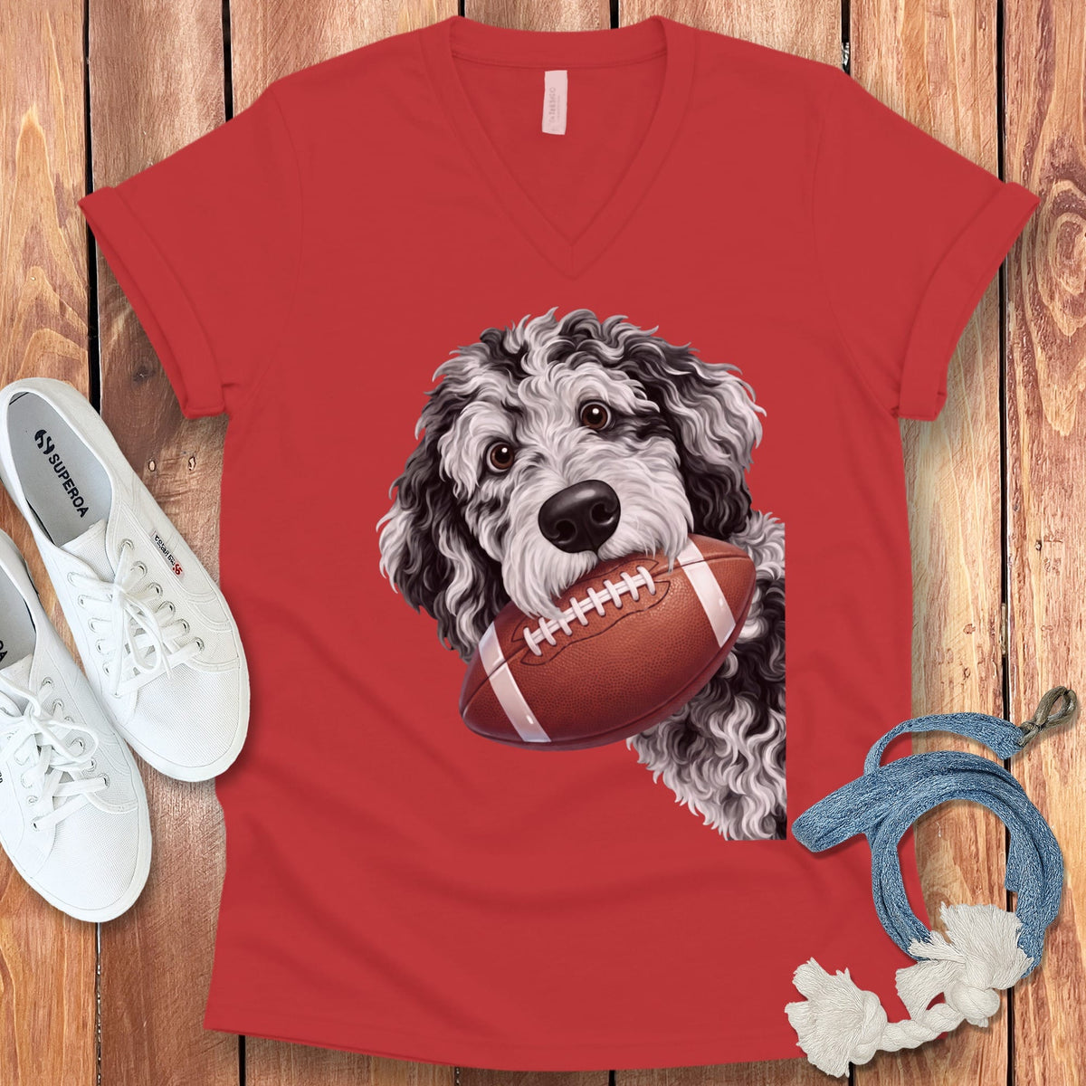 Merle Goldendoodle Football V-Neck T-Shirt in Red / S by Puppy Jo