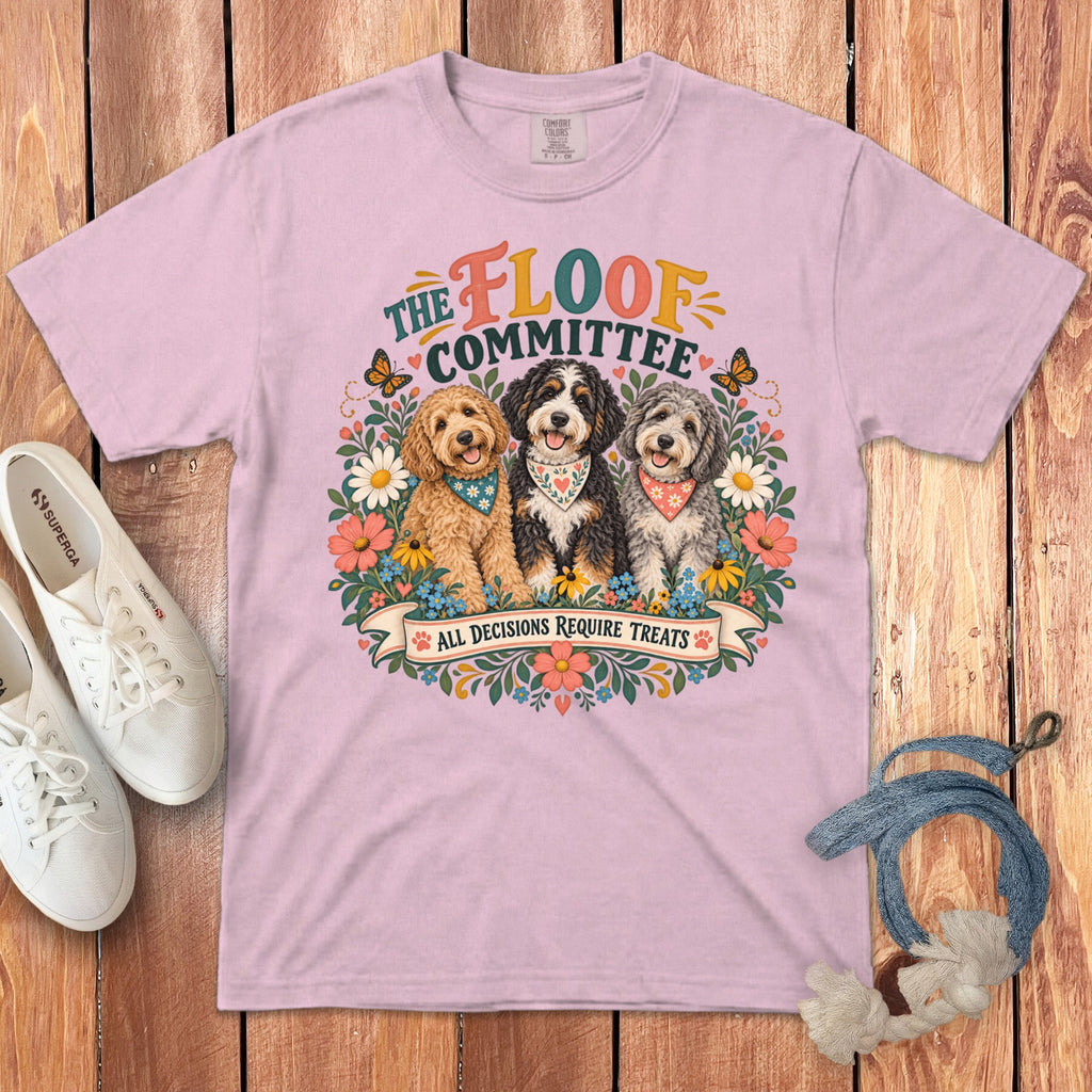Pink t-shirt with three dogs and "The Floof Committee" text.