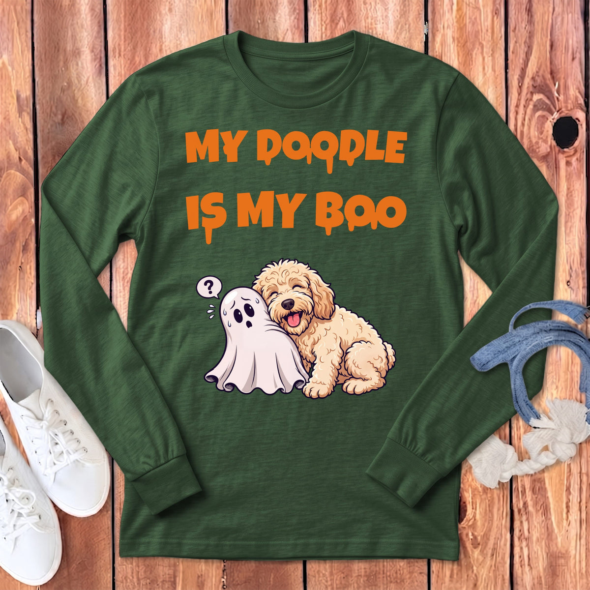 Cream Goldendoodle My Boo Long Sleeve T-Shirt in Heather Forest / S by Puppy Jo
