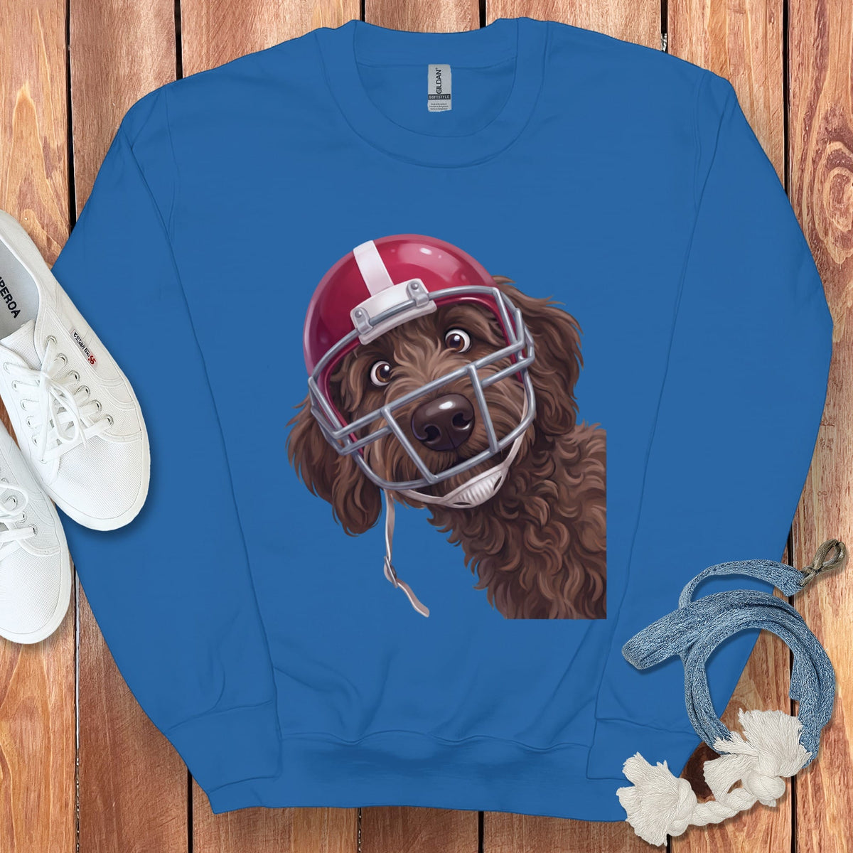 Chocolate Goldendoodle Football Helmet Sweatshirt in Royal / S by Puppy Jo