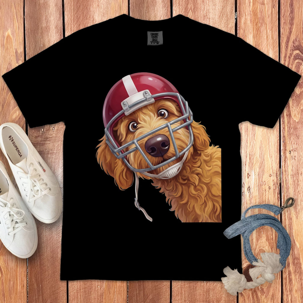 Apricot Goldendoodle Football Helmet Signature T-Shirt in Black / S by Puppy Jo