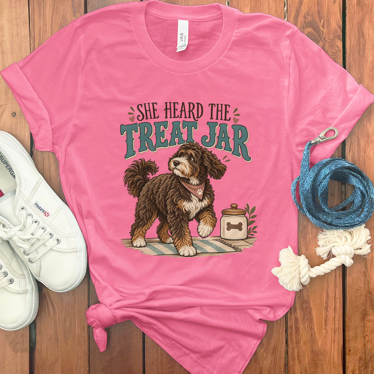 Pink t-shirt with brown dog and "She Heard The Treat Jar" text.