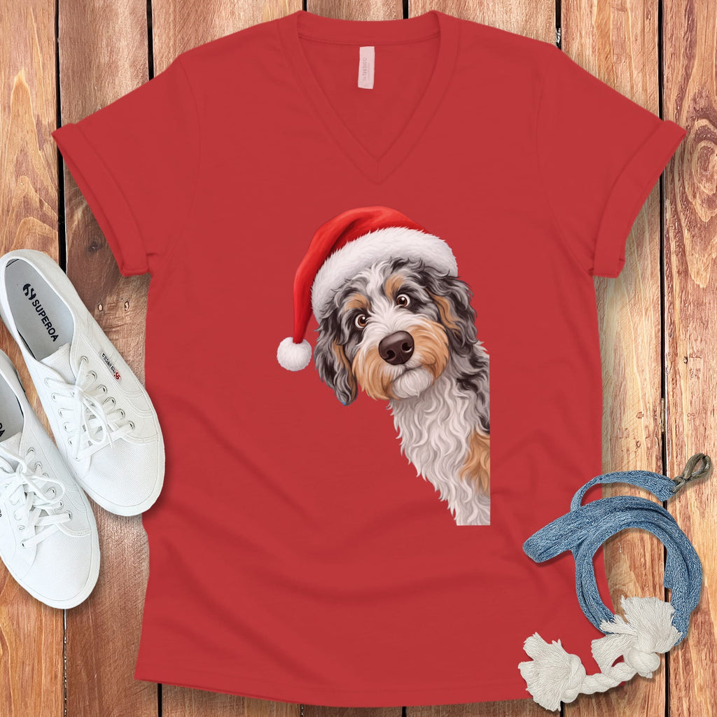 Phantom Goldendoodle Holiday Santa V-Neck T-Shirt in Red / S by Puppy Jo
