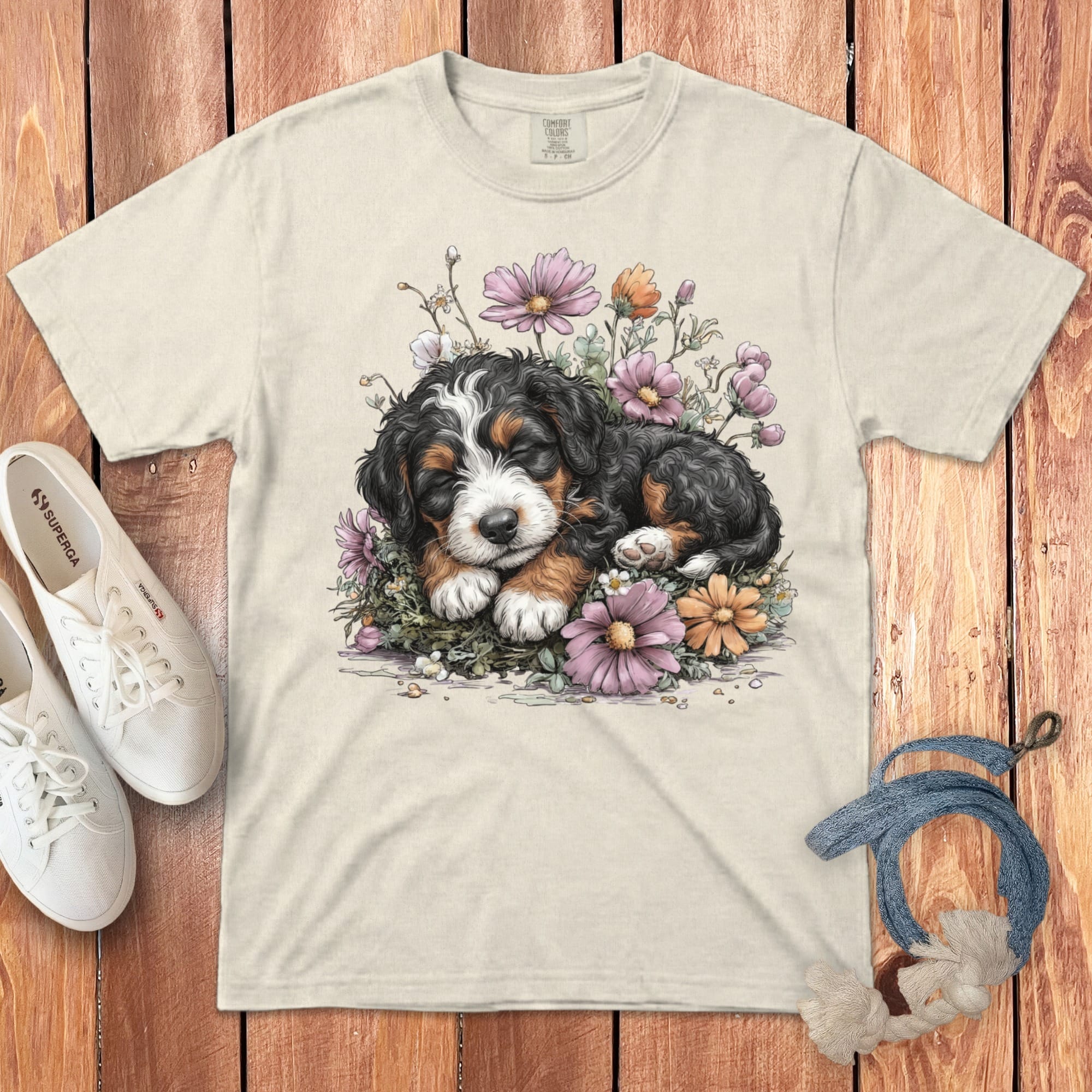 Cream t-shirt with a Bernese Mountain Dog puppy sleeping among flowers.