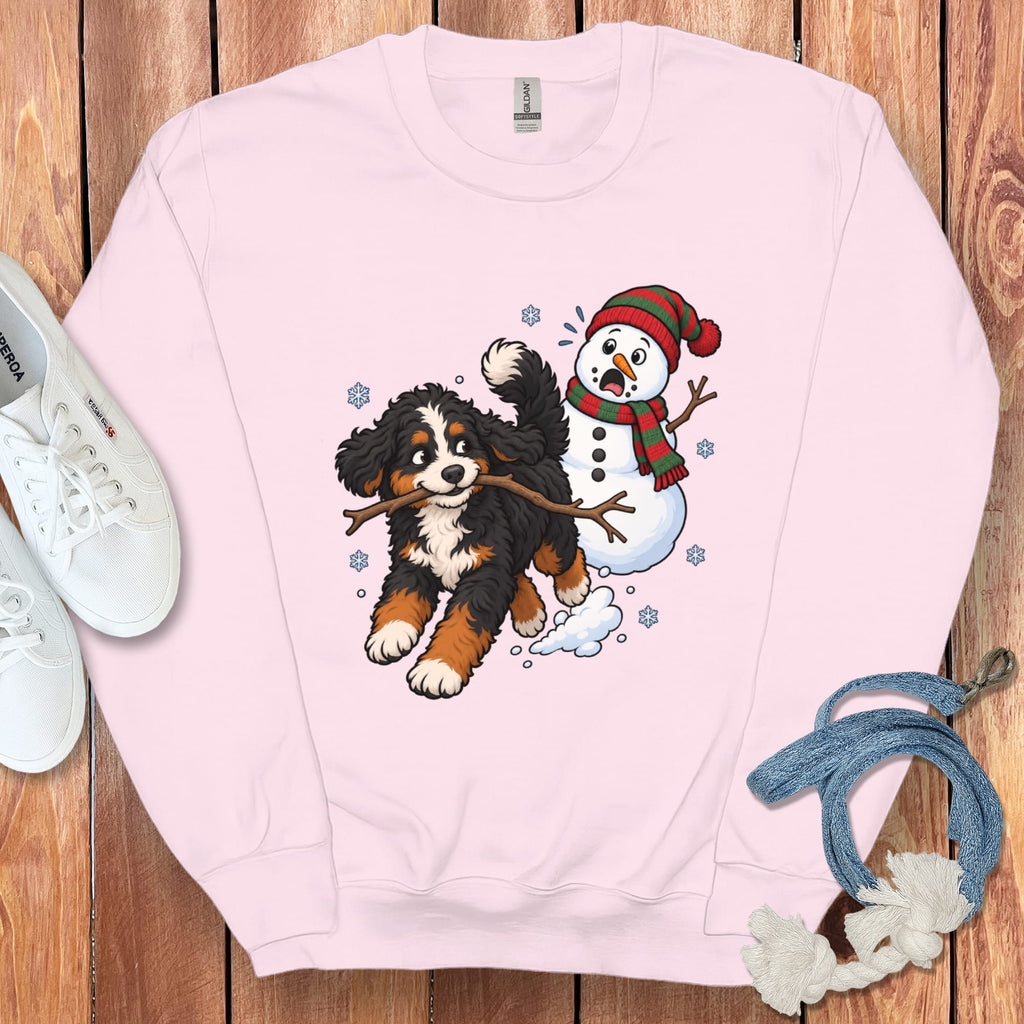 Bernedoodle Snowman Sweatshirt in Light Pink / S by Puppy Jo